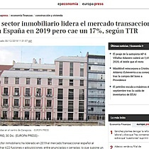 El sector inmobiliario lidera el mercado transaccional en Espaa en 2019 pero cae un 17%, segn TTR